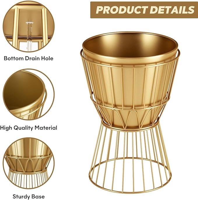 Planter with Stand Gold Metal Plant Pot with Stand - 12 Inch Unique Modern Flower Pots Indoor with Gold Plant Stand with Drainage, 2 Pack