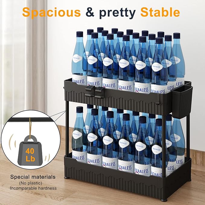2 Pack Under Sink Organizers and Storage,Under Bathroom Cabinet Organizer with Hooks Hanging Cup,Multi-Purpose Storage Shelf for Kitchen Bathroom
