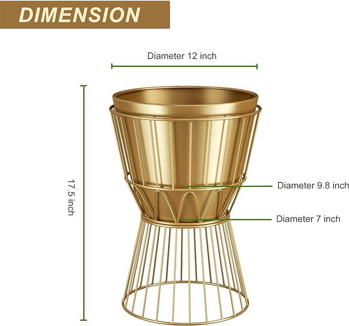 Planter with Stand Gold Metal Plant Pot with Stand - 12 Inch Unique Modern Flower Pots Indoor with Gold Plant Stand with Drainage, 2 Pack