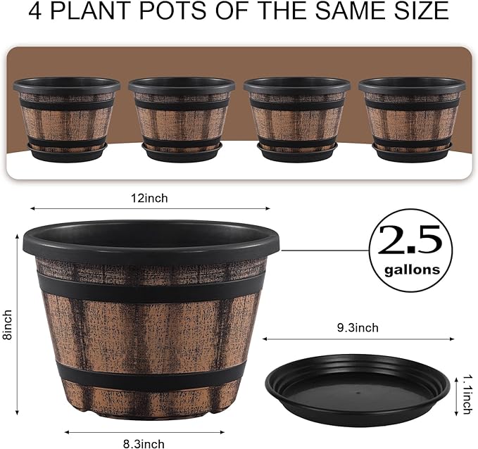 Plant Pots Set of 4 Pack 12 inch,Large Whiskey Barrel Planters with Drainage Holes & Saucer.Plastic Flower Pots Imitation Wine Barrel Design,Canbe for Indoor & Outdoor Garden Home Plants ( Brown)