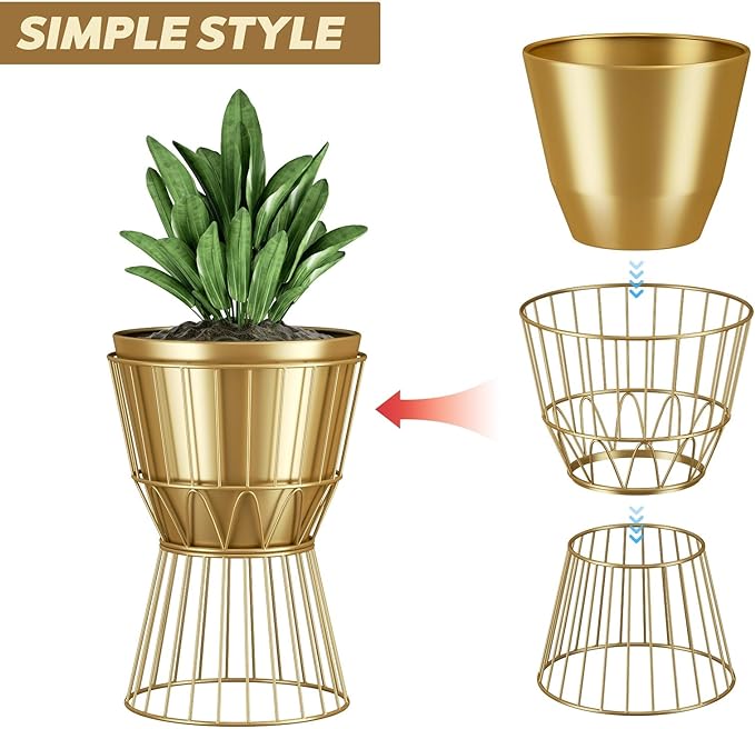 Planter with Stand Gold Metal Plant Pot with Stand - 12 Inch Unique Modern Flower Pots Indoor with Gold Plant Stand with Drainage, 2 Pack