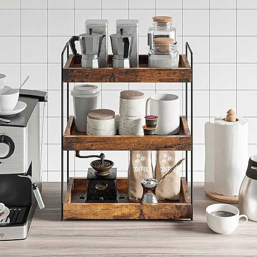 Bathroom Organizer Countertop, 3 Tier Wood Spice Rack Organizer for Kitchen Counter, Vanity Skincare Organizers Shelf for Bathroom Storage Organization, Rustic Brown