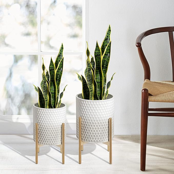 Mid Century Metal Planters, Modern Decorative Planters for Indoor Plants,8 & 10 inch Planter Pots with Plant Stand Suitable for Living Room, Bedroom, Kitchen, Garden, Balcony