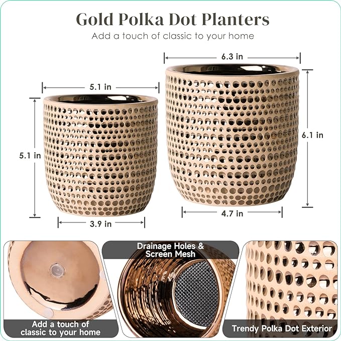 Gold Planters for Indoor Plants Flower, 2 Pack 6/5 Inch Ceramic Houseplant Pots with Drainage Hole, Stopper, Foam Pads Perfect for Home Decor, Holidays and Birthday Gifts
