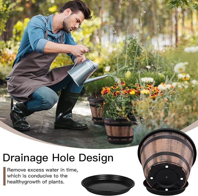 Plant Pots Set of 4 Pack 12 inch,Large Whiskey Barrel Planters with Drainage Holes & Saucer.Plastic Flower Pots Imitation Wine Barrel Design,Canbe for Indoor & Outdoor Garden Home Plants ( Brown)