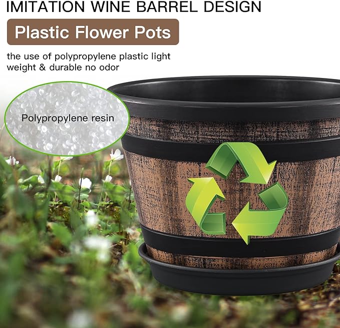 Plant Pots Set of 4 Pack 12 inch,Large Whiskey Barrel Planters with Drainage Holes & Saucer.Plastic Flower Pots Imitation Wine Barrel Design,Canbe for Indoor & Outdoor Garden Home Plants ( Brown)
