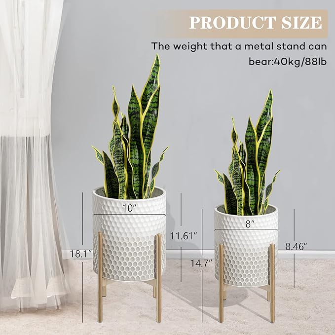 Mid Century Metal Planters, Modern Decorative Planters for Indoor Plants,8 & 10 inch Planter Pots with Plant Stand Suitable for Living Room, Bedroom, Kitchen, Garden, Balcony