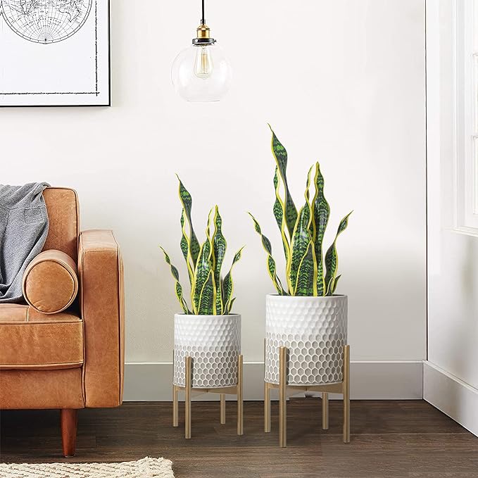 Mid Century Metal Planters, Modern Decorative Planters for Indoor Plants,8 & 10 inch Planter Pots with Plant Stand Suitable for Living Room, Bedroom, Kitchen, Garden, Balcony