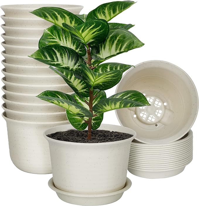 SAND MINE 15 Pack Plant Pots, 6 inches Plastic Pots for Plants, Plastic Planter, Flower Pot with Drainage Hole and Tray, Plants Not Included