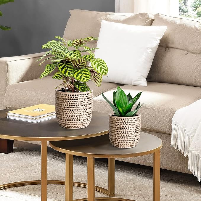 Gold Planters for Indoor Plants Flower, 2 Pack 6/5 Inch Ceramic Houseplant Pots with Drainage Hole, Stopper, Foam Pads Perfect for Home Decor, Holidays and Birthday Gifts