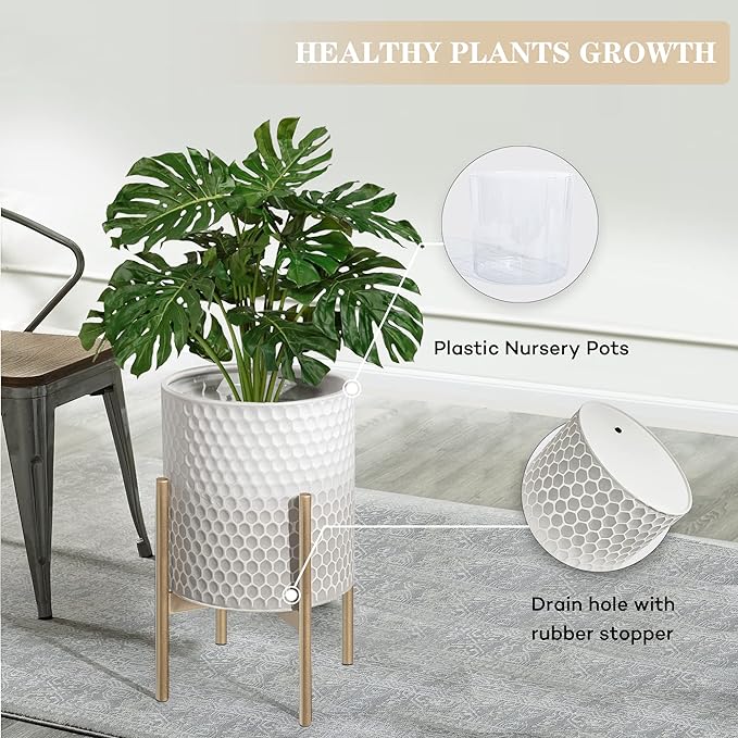 Mid Century Metal Planters, Modern Decorative Planters for Indoor Plants,8 & 10 inch Planter Pots with Plant Stand Suitable for Living Room, Bedroom, Kitchen, Garden, Balcony