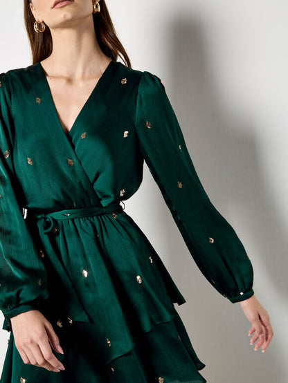 Sequin Spot Satin Wrap Mini Dress