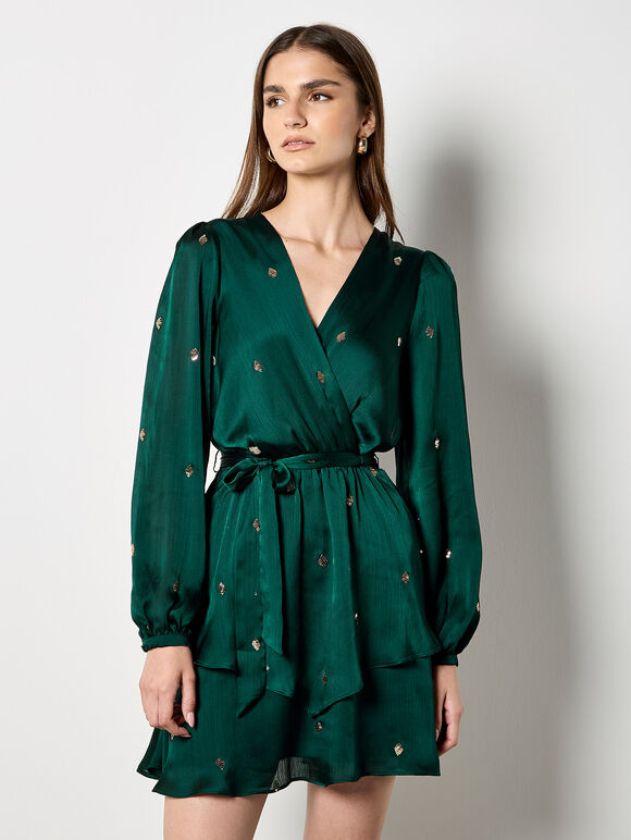 Sequin Spot Satin Wrap Mini Dress
