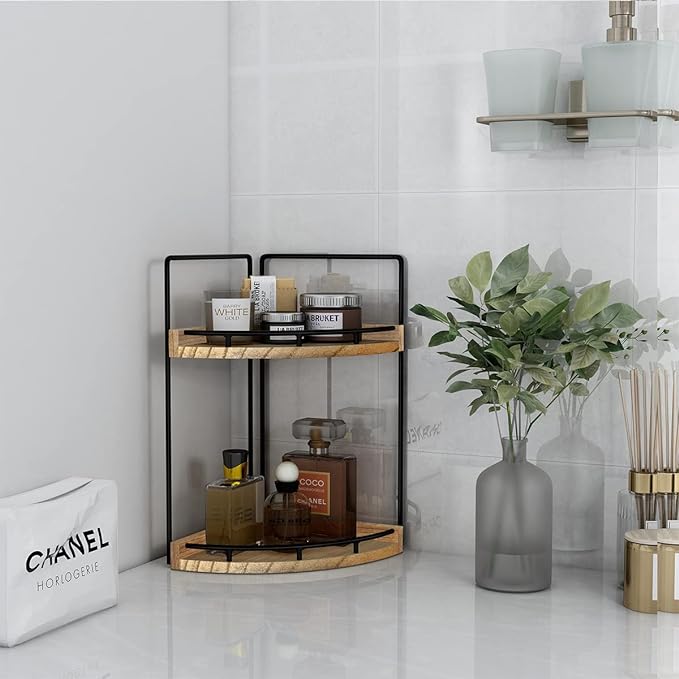 2-Tier Corner Bathroom Counter Organizer,Vanity Organizer,Counter Corner Shelf,Bathroom Storage and Organization,Skincare Organizers,Wood Countertop Organizer for Kitchen