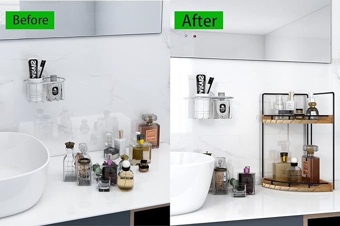 2-Tier Corner Bathroom Counter Organizer,Vanity Organizer,Counter Corner Shelf,Bathroom Storage and Organization,Skincare Organizers,Wood Countertop Organizer for Kitchen
