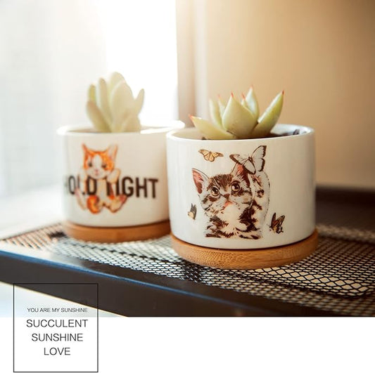 4 Pack Cute Planter Pots with Drainage Hole, Cat Plant Pots for Indoor/Outdoor Plants, Cactus and Succulents Pots Gift for Women