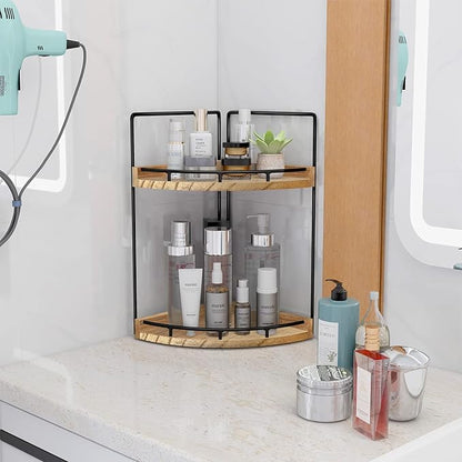 2-Tier Corner Bathroom Counter Organizer,Vanity Organizer,Counter Corner Shelf,Bathroom Storage and Organization,Skincare Organizers,Wood Countertop Organizer for Kitchen