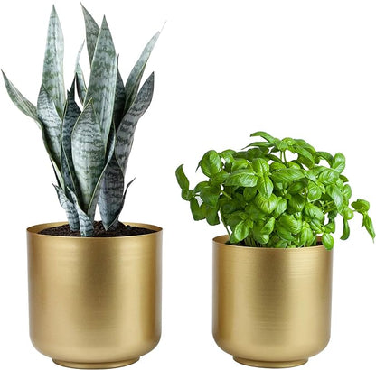 Large Gold Planters Metal Aloe Brass-Tone Plant Pots Indoor Decorative Flower Pots with Drain Holes
