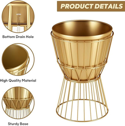 Planter with Stand Gold Metal Plant Pot with Stand - 12 Inch Unique Modern Flower Pots Indoor with Gold Plant Stand with Drainage, 2 Pack