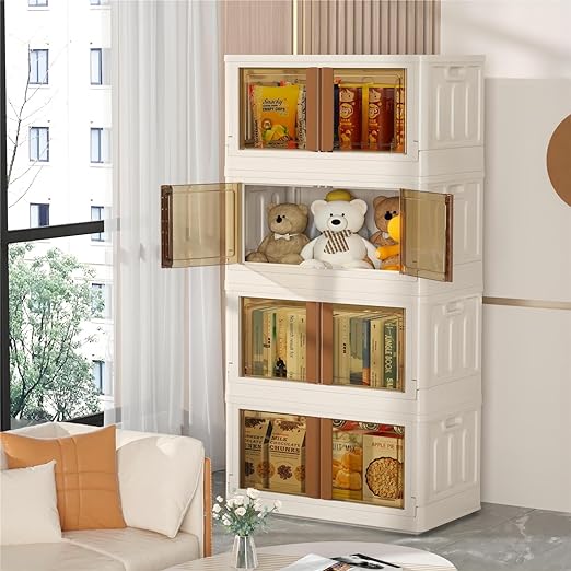 4 Pack Closet Organizers and Storage - 19 Gallon Collapsible Storage Bins with Door and Lids, Stackable storage containers for Clothing, Books, Bedding and Toys.