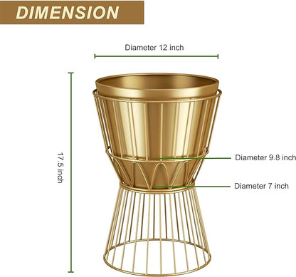 Planter with Stand Gold Metal Plant Pot with Stand - 12 Inch Unique Modern Flower Pots Indoor with Gold Plant Stand with Drainage, 2 Pack