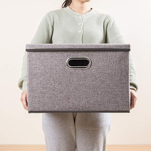 Large Collapsible Storage Bins with Lids [3-Pack] Linen Fabric Foldable Storage Boxes Organizer Containers Baskets Cube with Cover for Home Bedroom Closet Office Nursery (17.7x11.8x11.8)