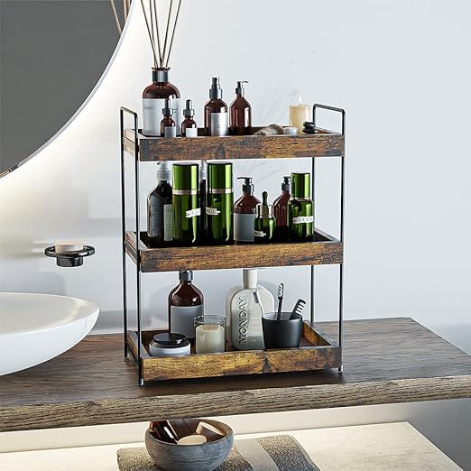 Bathroom Organizer Countertop, 3 Tier Wood Spice Rack Organizer for Kitchen Counter, Vanity Skincare Organizers Shelf for Bathroom Storage Organization, Rustic Brown