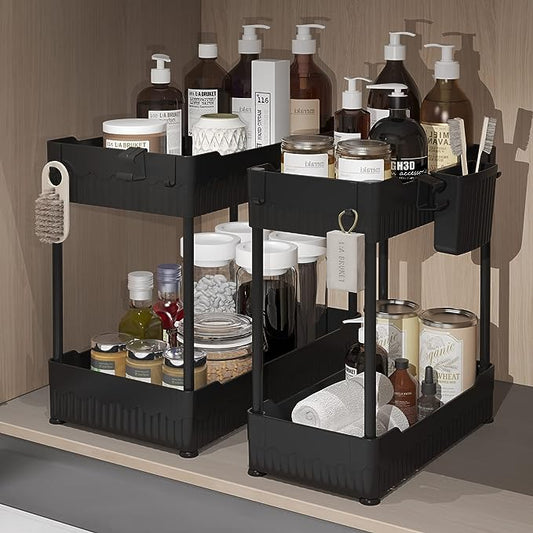 2 Pack Under Sink Organizers and Storage,Under Bathroom Cabinet Organizer with Hooks Hanging Cup,Multi-Purpose Storage Shelf for Kitchen Bathroom