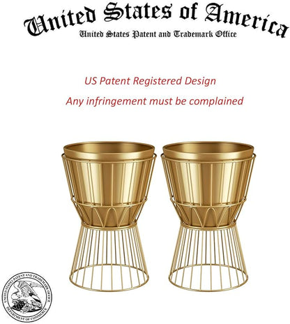 Planter with Stand Gold Metal Plant Pot with Stand - 12 Inch Unique Modern Flower Pots Indoor with Gold Plant Stand with Drainage, 2 Pack