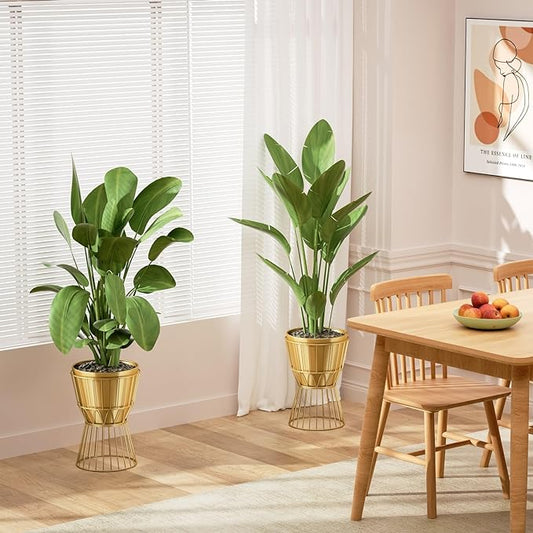 Planter with Stand Gold Metal Plant Pot with Stand - 12 Inch Unique Modern Flower Pots Indoor with Gold Plant Stand with Drainage, 2 Pack