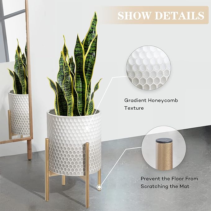 Mid Century Metal Planters, Modern Decorative Planters for Indoor Plants,8 & 10 inch Planter Pots with Plant Stand Suitable for Living Room, Bedroom, Kitchen, Garden, Balcony
